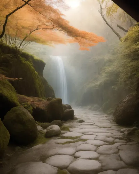 a wide angle photo of a red maple tree growing beside a stone path in a natural rainy Japanese village. <lora:jvillage_20230918_1432-000015:0.8>. golden hour, dramatic lighting, bright natural light, crepuscular rays, (vintage film, 35mm, bokeh, muted colors:1.0), RAW photo, 8k uhd, high quality, highly detailed skin, Portra 400 <lora:add_detail:0.5>