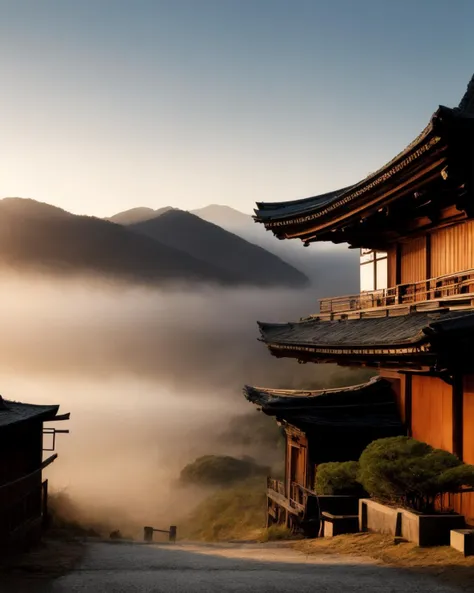 a photo of a foggy Japan village <lora:jvillage_20230918_1432-000015:0.8> with bridge, shrine, buildings in background. golden hour, dramatic lighting, bright natural light, crepuscular rays, (vintage film, 35mm, bokeh, muted colors:0.8), RAW photo, 8k uhd, high quality, highly detailed skin, Portra 400 <lora:add_detail:0.5>