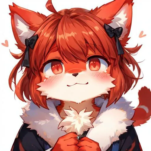 Neko white and red furry kemono girl, blushing and slightly smiling at viewer