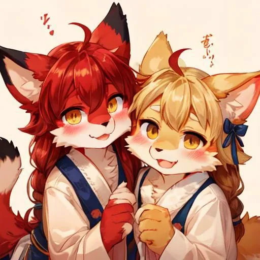 Neko white and red furry kemono girl, blushing and slightly smiling at viewer