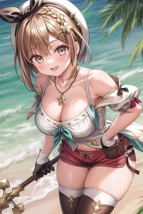 (masterpiece:1.2), (best quality), (ultra detailed), (8k, 4k, intricate),(full-body-shot:1), (highly detailed:1.2),(detailed face:1.2), (detailed background),detailed landscape, ((portrait)), (dynamic pose:1.2) may, 1girl, (solo), breasts, looking at viewer, smile, open mouth, blue eyes, brown hair, ribbon, jewelry, medium breasts, collarbone, hair ribbon, cowboy shot, hairband, bracelet, red ribbon, hand on hip, index finger raised, poke ball, red hairband, poke ball (basic), bow hairband, fanny pack, nude, detailed nipples, detailed vagina, , petite body, small boobs,