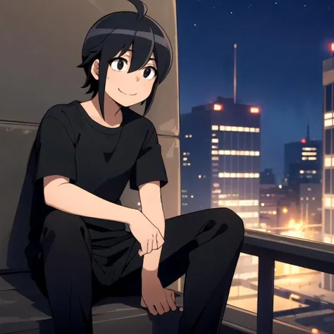 1boy, solo, male focus, black shirt, pants, black hair, black eyes, ahoge,short hair, <lora:Misumi_MakotoAdvanched:0.6>, smile, sitting, cityscape, night