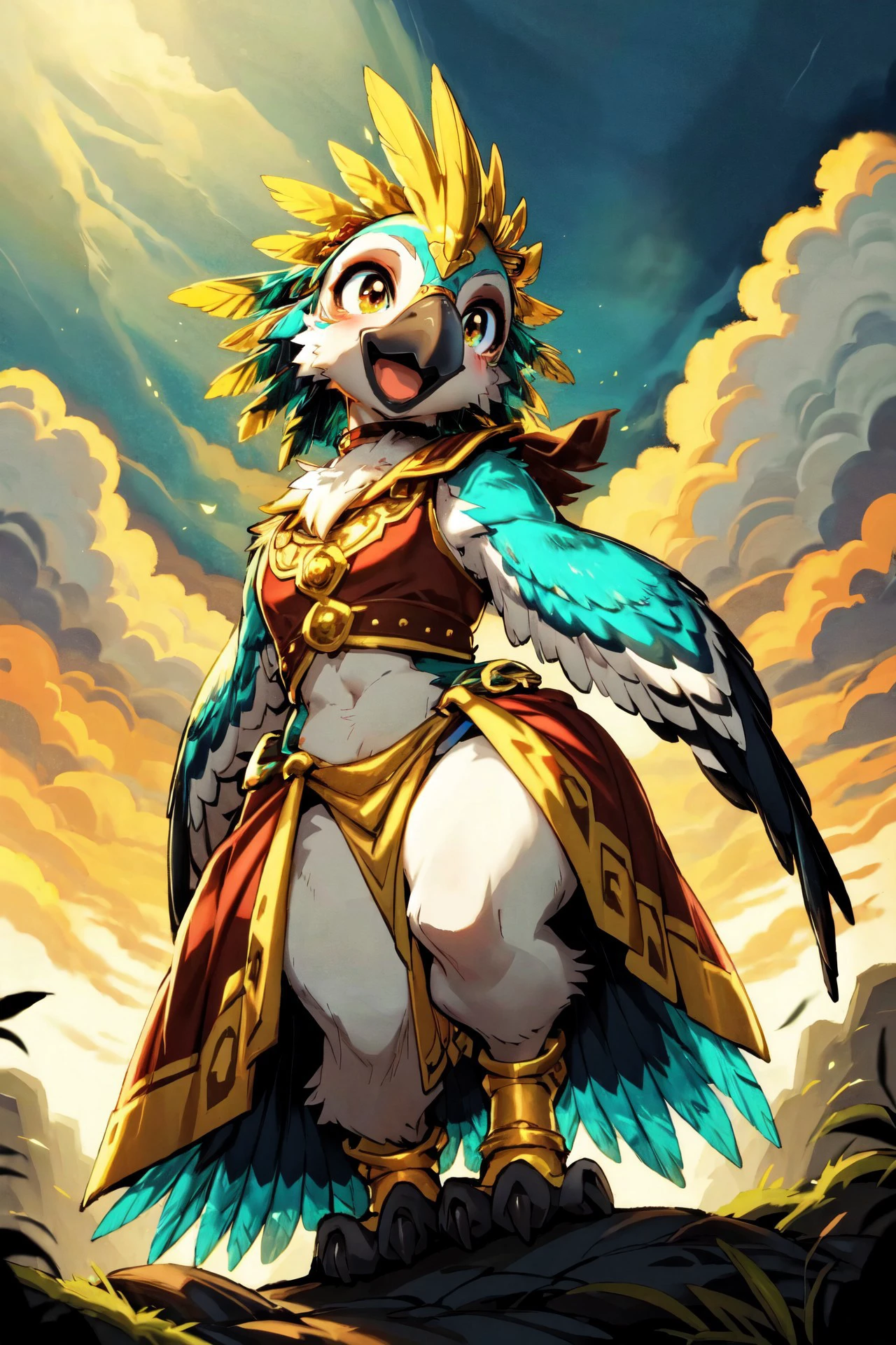 <lora:add_detail:0.5>, <lora:Furtastic_Detailer:0.5>,
 nature photography, masterpiece,
straight on,  front view,
cute avian anthro, anthro Andean Condor, Rainbow Lorikeet,  ((intricate Turquoise feathers)),
cute-fine-face, cute Wren face, fluffy chest, cute, girl, young, small beak, flat chest, short neck, (cute, young), young adult, thick thighs, round thighs,
feather head dress, iridescent gold, golden necklace, golden anklets, golden bracelets,
golden harness, intricate golden loincloth, golden vest,
[[Mystical Forest Guardian Attire, Moss-green leaf-patterned gown with ivy details, wooden accessories]],
screaming, gaping mouth,
standing on misty rocks, high above the clouds, ground fog, swirling mist,
lying on a table,
uploaded on e621, by dagasi, by Manmosu Marimo, by Youjomodoki, by Kyoto Animation, by Hokusai ,
<lora:Vivid_Impactful_Style_locon_v4h:0.6> , vvi\(artstyle\),
<lora:mika_locon_v3l:0.4>,
<lora:FurryCoreV2New-07:0.4>, furrycore,
<lora:Riju:0.2>, game_gerudo_riju_aiwaifu69,
<lora:Rito-v1.4-NAI-000003:0.3> rito,
[lydia deetz, makeup, choker, <lora:Lydia_Deetz:0.2>, emull, furry, rabbit, <lora:Emul_00_02:0.3>],
epic mountain peak, dramatic cliffs, epic clouds, dramatic clouds, awesome sky,
Enchanted Forest Twilight, As evening falls, the forest comes alive with the soft glow of fireflies Shafts of fading sunlight filter through the dense canopy of trees, casting long shadows on the forest floor The air is alive with the chirping of crickets and the rustle of leaves in the breeze,
detailed, high quality, 4k, smooth, sharp focus, high resolution, masterpiece, best quality, (intricate:0.9), (high detail:1.4),
[[[epic clouds background, epic clouds, volumetric lighting, volumetric atmosphere, morning mist]]],