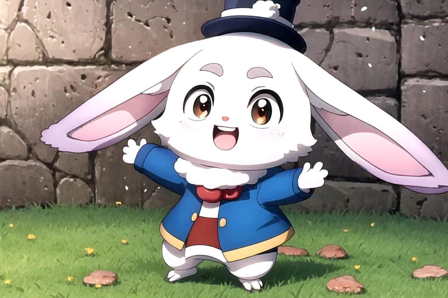 (masterpiece), (best quality), (detailed background, best lighting), ultra-detailed, highly detailed, (((blush))), solo, (happy), (smile),
<BRAKE>
on stone, on grass, (colorful flowers), shadow, sunlight, warm, side lighting,
<BRAKE>
(emull), furry, rabbit, rabbit ears, open mouth, teeth, looking at viewer, blue jacket, hat, standing, <lora:Emul_00_02:1>