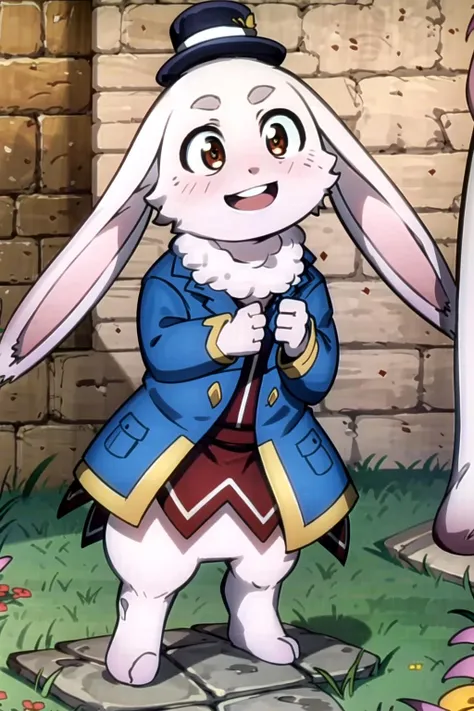(masterpiece), (best quality), (detailed background, best lighting), ultra-detailed, highly detailed, (((blush))), solo, (happy), (smile),
<BRAKE>
on stone, on grass, (colorful flowers), shadow, sunlight, warm, side lighting,
<BRAKE>
(emull), furry, rabbit, rabbit ears, open mouth, teeth, looking at viewer, blue jacket, hat, standing, <lora:Emul_00_02:1>