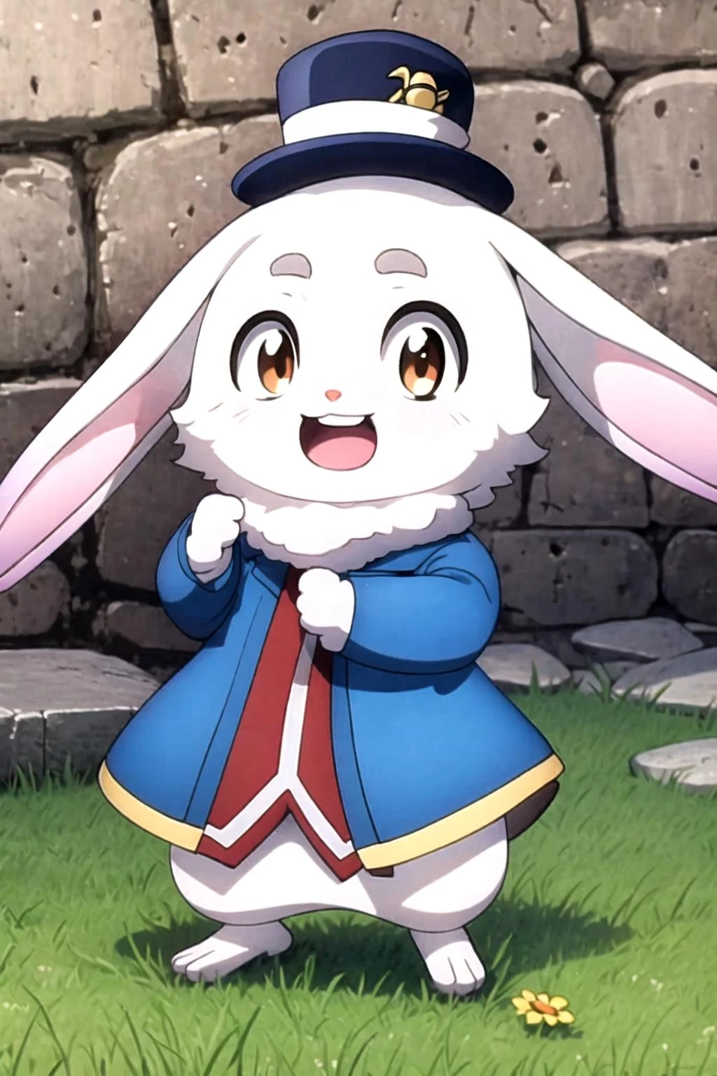 (masterpiece), (best quality), (detailed background, best lighting), ultra-detailed, highly detailed, (((blush))), solo, (happy), (smile),
<BRAKE>
on stone, on grass, (colorful flowers), shadow, sunlight, warm, side lighting,
<BRAKE>
(emull), furry, rabbit, rabbit ears, open mouth, teeth, looking at viewer, blue jacket, hat, standing, <lora:Emul_00_02:1>