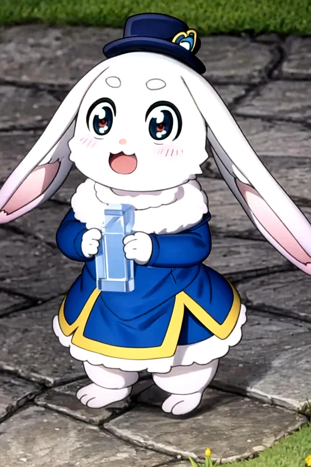 (masterpiece), (best quality), (detailed background, best lighting), ultra-detailed, highly detailed, (((blush))), solo, (happy), (smile),
<BRAKE>
on stone, on grass, (colorful flowers), shadow, sunlight, warm, side lighting,
<BRAKE>
blue dress, short sleeve, (off shoulder dress),
(emull), furry, rabbit, rabbit ears, open mouth, teeth, looking at viewer, blue jacket, hat, standing, <lora:Emul_00_02:1>