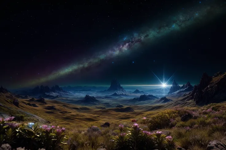 hyper-realistic, highly detailed, highest quality, masterpiece, strange alien world, landscape full of life and color, distant stars, nebulas, sublime, breath-taking, high detail, sharp, cinematic lighting, 8k UHD <lora:FutureArchitecture:0.6> <lora:add_detail:1>