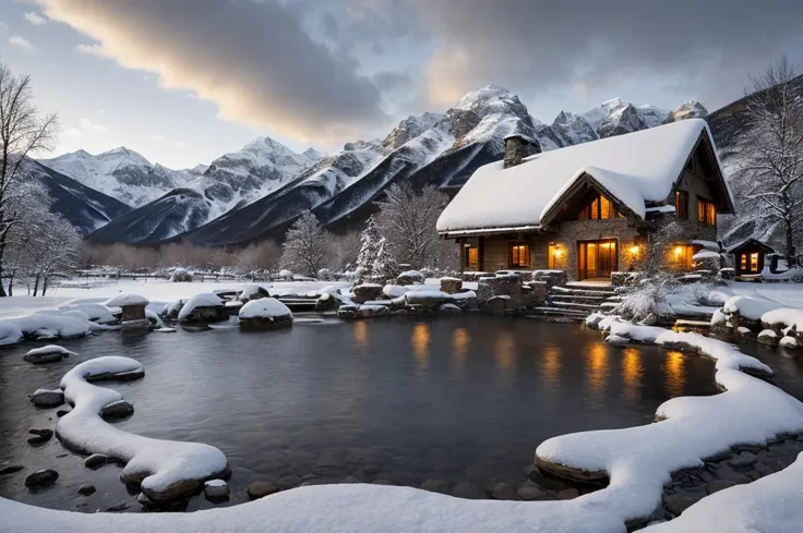 Unparalleled masterpiece, (photorealistic:1.4), best quality, beautiful lighting, (hot spring), (extremely detailed 8k wallpaper), full shot landscape photo of the most beautiful artwork in the world, cloudy sky background lush landscape snowy mountains and trees, stone house caucasus illustration concept art