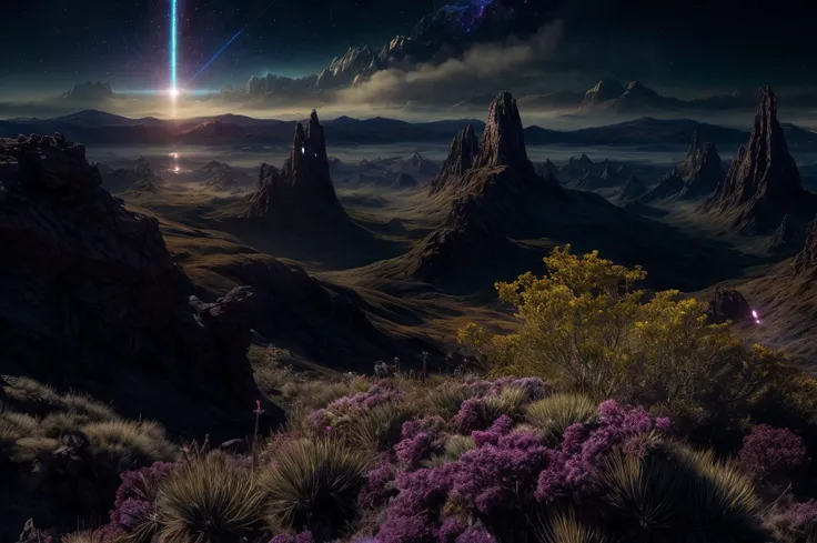 hyper-realistic, highly detailed, highest quality, masterpiece, strange alien world, landscape full of life and color, distant stars, nebulas, sublime, breath-taking, high detail, sharp, cinematic lighting, 8k UHD <lora:FutureArchitecture:0.6> <lora:add_detail:1>