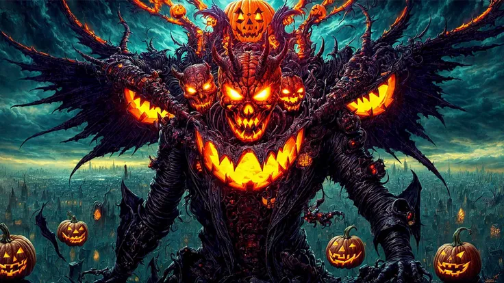 Dreamscape (masterpiece, top quality, best quality, official art, beautiful and aesthetic:1.2), demon with a jackolantern head attacking a cyberpunk city , extreme detailed, colorful, highest detailed <lora:add_detail:1> . Surreal, ethereal, dreamy, mysterious, fantasy, highly detailed