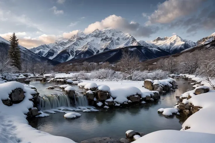 Unparalleled masterpiece, (photorealistic:1.4), best quality, beautiful lighting, (hot spring), (extremely detailed 8k wallpaper), full shot landscape photo of the most beautiful artwork in the world, cloudy sky background lush landscape snow caps mountains and trees, caucasus, illustration concept art