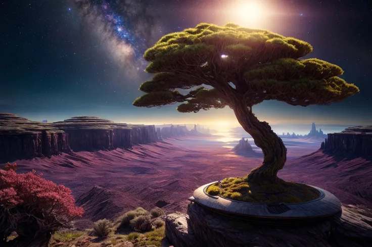 hyper-realistic, highly detailed, highest quality, masterpiece, strange alien world, landscape full of life and color, distant stars, nebulas, sublime, breath-taking, high detail, sharp, cinematic lighting, 8k UHD <lora:FutureArchitecture:0.6> <lora:add_detail:1>