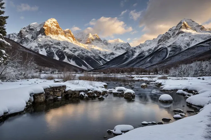 Unparalleled masterpiece, (photorealistic:1.4), best quality, beautiful lighting, (hot spring), (extremely detailed 8k wallpaper), full shot landscape photo of the most beautiful artwork in the world, cloudy sky background lush landscape snow caps mountains and trees, caucasus, illustration concept art