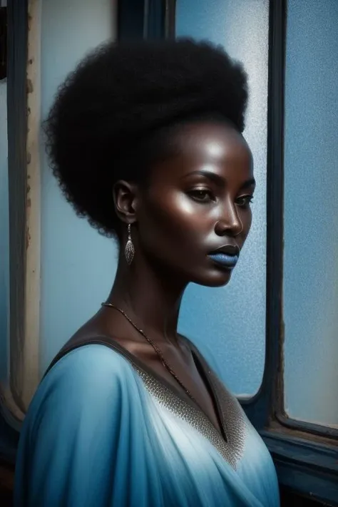 painting of African woman by the train window, 'close up', (Black color' and 'light blue color' and 'silver color':1.125), (textures), (('gradient clothes'))