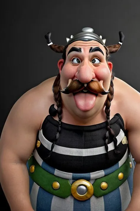 (obelix, fat, mustache, twin braids, black eyes, big nose), (extreme close-up) ahegao, rolling eyes, tongue, tongue out, (funny)
