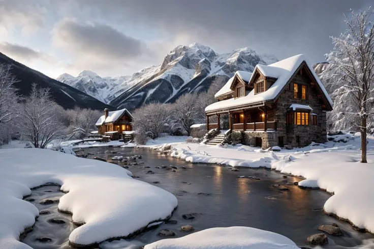Unparalleled masterpiece, (photorealistic:1.4), best quality, beautiful lighting, (hot spring), (extremely detailed 8k wallpaper), full shot landscape photo of the most beautiful artwork in the world, cloudy sky background lush landscape snowy mountains and trees, stone house caucasus illustration concept art