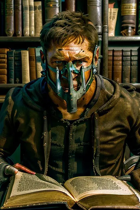 madmax, librarian, solo, generic medieval reading room, masked person,