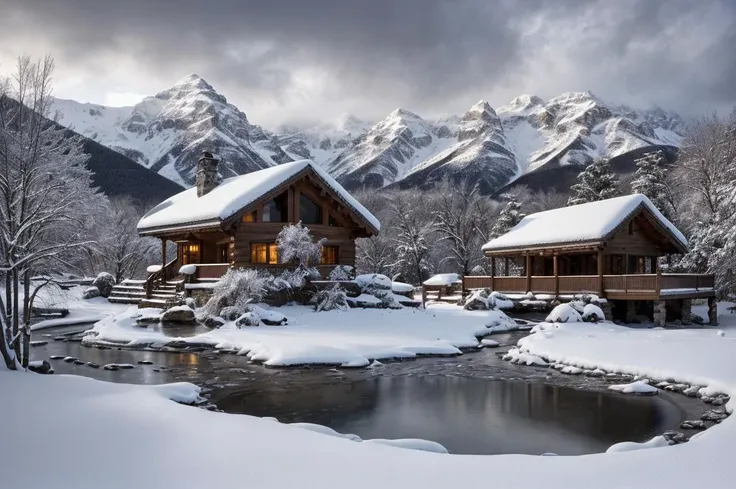 Unparalleled masterpiece, (photorealistic:1.4), best quality, beautiful lighting, (hot spring), (extremely detailed 8k wallpaper), full shot landscape photo of the most beautiful artwork in the world, cloudy sky background lush landscape snowy mountains and trees, stone house caucasus illustration concept art