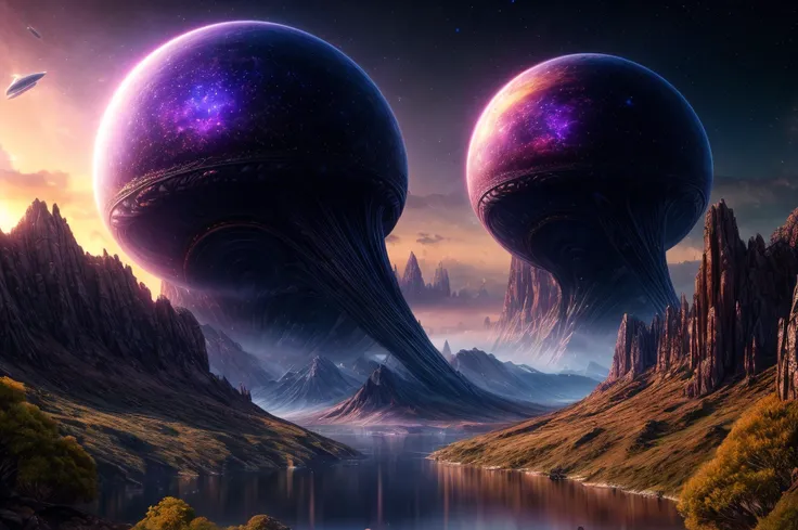 hyper-realistic, highly detailed, highest quality, masterpiece, strange alien world, landscape full of life and color, distant stars, nebulas, sublime, breath-taking, high detail, sharp, cinematic lighting, 8k UHD <lora:FutureArchitecture:0.6> <lora:add_detail:1>