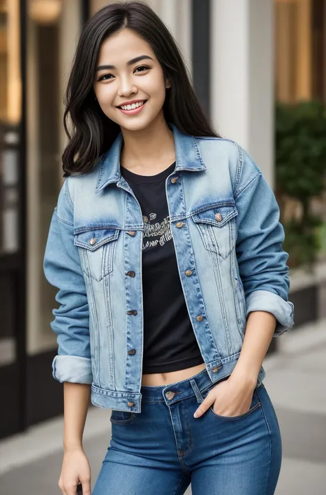 photograph of jg-jc0n, an effortlessly beautiful girl next door wearing a plain tshirt and jacket, (happy excited smile), jeans, photoreal, hyperrealism, best quality, (natural skin texture, highly detailed face), masterpiece, sharp focus, absurdres, by arny freytag