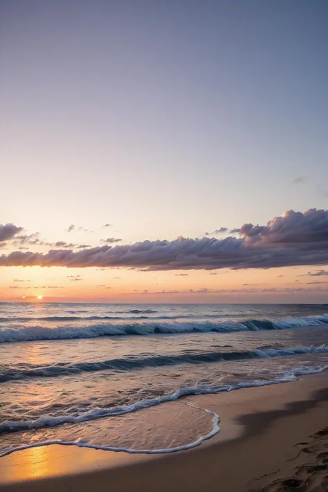 A landscape of a serene beach at sunset, with golden sand, gentle waves, and a pastel-colored sky.