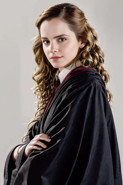 a woman in a harry potter robe posing for a picture with her hands on her hips and her hair in a ponytail