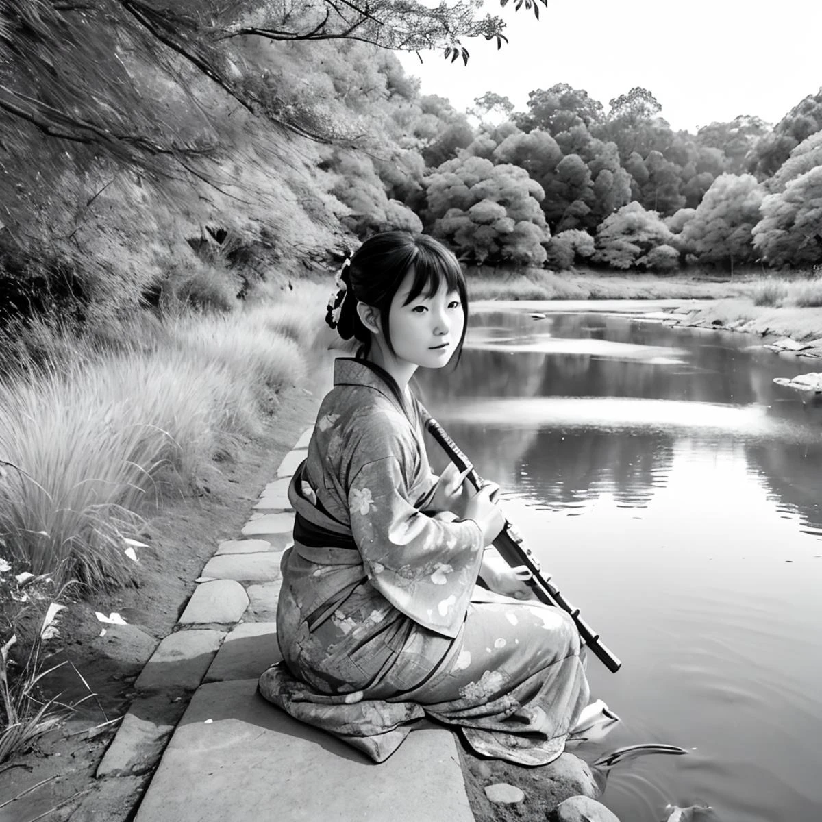 A photo of a japanese (beautiful girl) with (pretty face) wearing a yukata and playing on a wooden flute. There is longing in her eyes. She is sitting on a stone next to a dirt road and a clean river. In the distance, fields are visible. It is autumn, and sun is shining.  <lora:animeoutlineV4_16:1> lineart, monochrome,  <lora:DreamscapeIllustration:0.7> dreamscape