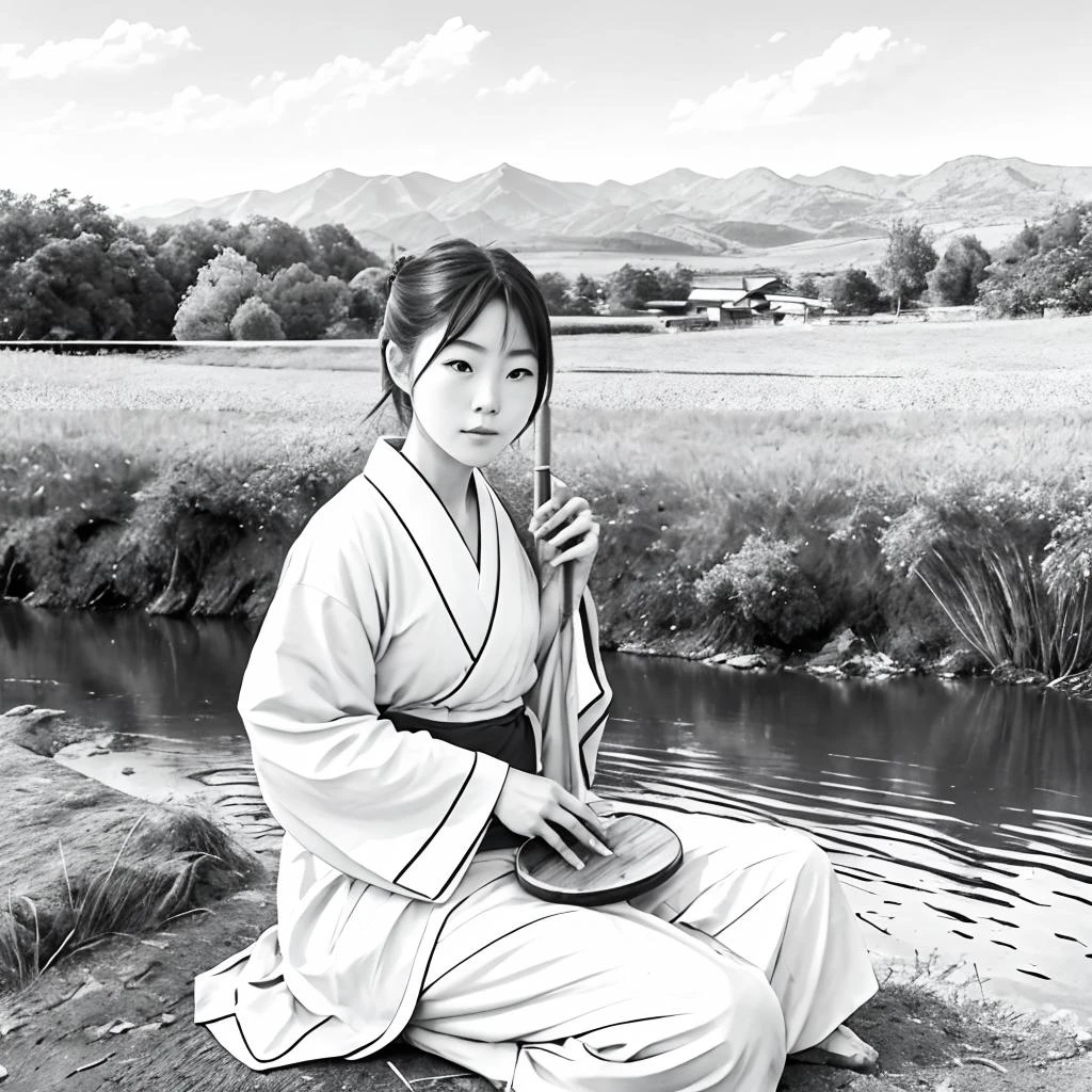 A photo of a japanese (beautiful girl) with (pretty face) wearing a yukata and playing on a wooden flute. There is longing in her eyes. She is sitting on a stone next to a dirt road and a clean river. In the distance, fields are visible. It is autumn, and sun is shining. <lora:animeoutlineV4_16:1> lineart, monochrome, <lora:DreamscapeIllustration:0.7> dreamscape