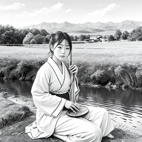 A photo of a japanese (beautiful girl) with (pretty face) wearing a yukata and playing on a wooden flute. There is longing in her eyes. She is sitting on a stone next to a dirt road and a clean river. In the distance, fields are visible. It is autumn, and sun is shining.  <lora:animeoutlineV4_16:1> lineart, monochrome,  <lora:DreamscapeIllustration:0.7> dreamscape