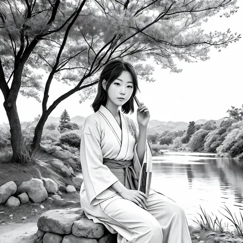 A photo of a japanese (beautiful girl) with (pretty face) wearing a yukata and playing on a wooden flute. There is longing in her eyes. She is sitting on a stone next to a dirt road and a clean river. In the distance, fields are visible. It is autumn, and sun is shining. <lora:animeoutlineV4_16:1> lineart, monochrome, <lora:DreamscapeIllustration:0.7> dreamscape