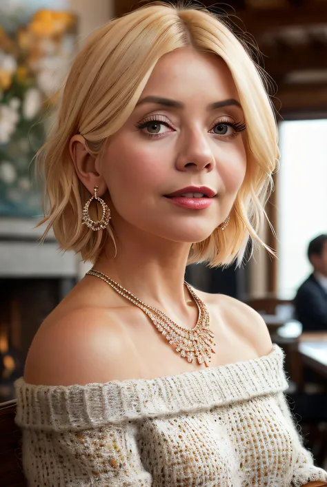 best quality raw photo of (blonde H0llyW1ll:0.99), a woman as a mature lady, (short hair), modelshoot style, (extremely detailed CG unity 8k wallpaper), photo of the most beautiful artwork in the world, professional majestic oil painting by Ed Blinkey, Atey Ghailan, Studio Ghibli, by Jeremy Mann, Greg Manchess, Antonio Moro, trending on ArtStation, trending on CGSociety, Intricate, High Detail, Sharp focus, dramatic, photorealistic painting art by midjourney and greg rutkowski, (off the shoulder sweater:1.2), ((sitting in a caf)), ((sitting at a table)), ((fireplace in background)), (looking at the camera:1.2), (detailed pupils:1.3), (earrings:1.2), (closeup:1.2), (necklace), (red lips)