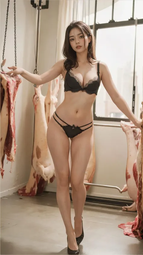 RAW photo, delicate, best quality,hyper detail, finely detailed, colorful, 8k, 32k, masterpiece, UHD:1.2,1girl,full body,pointy hair,black bra,near a rack of meat in the dw13\(scenes\),<lora:Scenesslaughterhouse-v1:0.8>