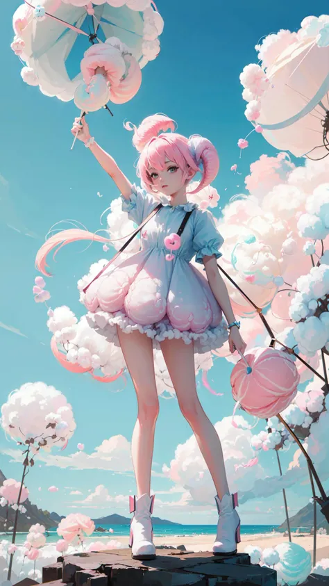 ((best quality, masterpiece, absurbres)), ((Cotton Candy Dreams, whimsical:1.6)), (Full body), (Dynamic pose), Colorful balloons, sugary clouds, carefree adventure.
