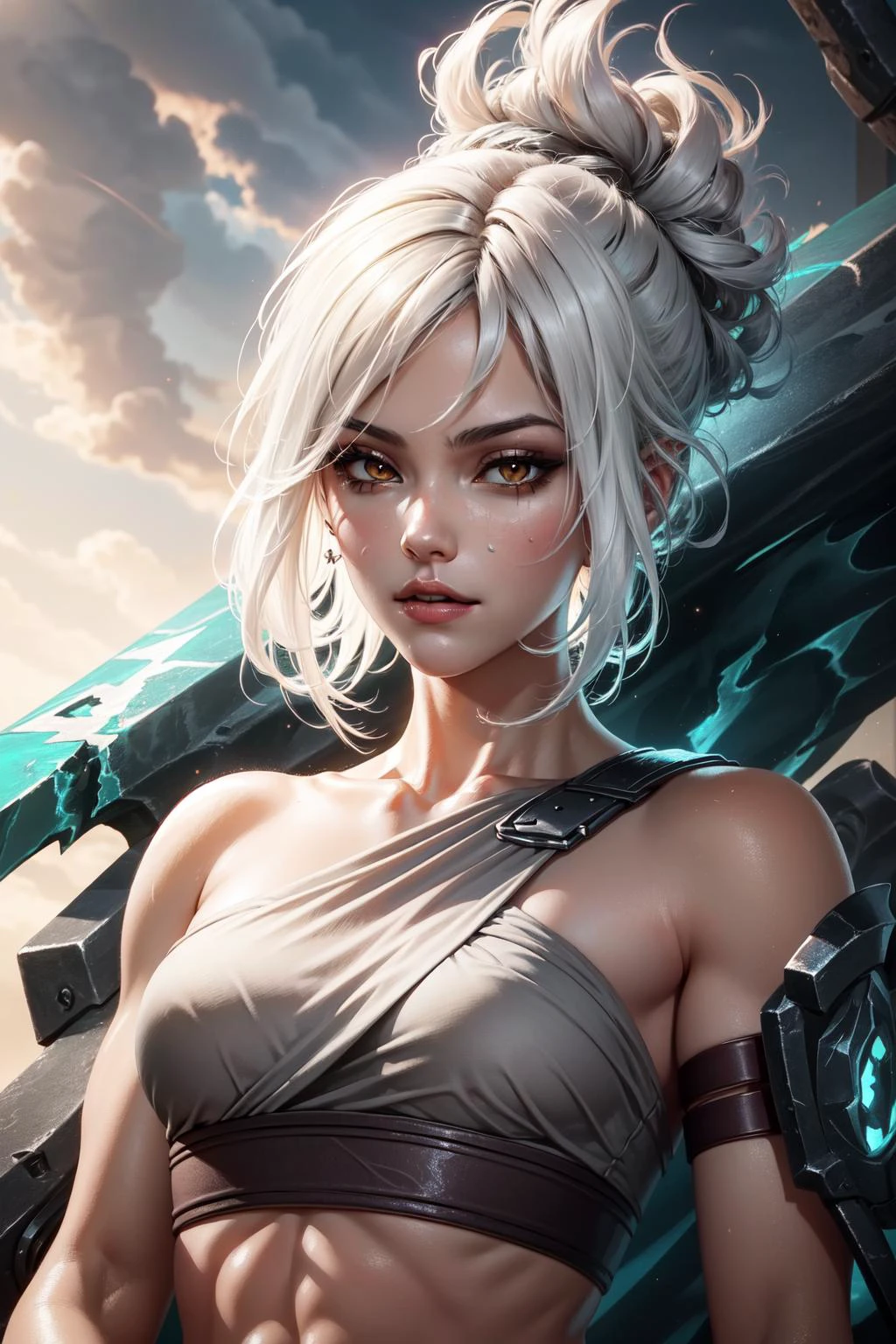 (Masterpiece:1.2), best quality, <lora:Riven-000016:0.8>, riven \(league of legends\), 1girl, sarashi, muscular female, abs, white hair, black eyeshadow, bare shoulders, upper body, potrait