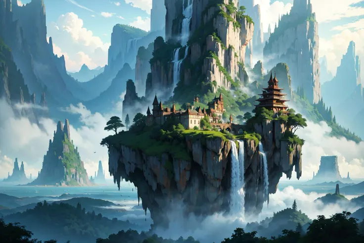 A majestic floating island high in the sky, shrouded in mist and surrounded by cascading waterfalls. Gigantic, mythical creatures roam the island's lush forests, while floating cities are suspended in the air.