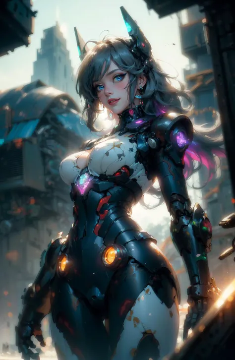 best quality,4k,8k, highres, masterpiece:1.2), extremely detailed eyes, extremely detailed body, (large masterpiece digital art), (detailed manga illustration), (detailed line art), ((perfect anatomy)), (intricate details:1.3), (ultra-detailed:1.3), (illustration:1.3), (sharp focus:1.3), (natural lighting:1.05), (vivid colors:1.3), (masterpiece), (best quality:1.4), (perfect anatomy:1.4), high quality, expressive eyes, full body, tall girl, detailed face, beautiful face, perfect face, breasts, gloves, large breasts, cyberpunk, (black armor), short hair, ((pale skin)), messy hair, detailed (dark blue hair), honeydew hair, multicolored hair, detailed eyes, (amber eyes), hourglass physique, mecha musume, fortified suit, mechanical parts, headgear, robot joints, bodysuit, deva battle suit, gloves, thick thighs, toned, emblem, superhero, dynamic lighting, 4k resolution, dynamic pose, weapon, energy weapon portrait, Jeff Bridges, ((cartoon style)), Marvel Cinematic Universe style, (((sci-fi city in the background))), soft bokeh of futuristic city, Atey Ghailan, Jeremy Mann, Greg Manchess, Antonio Moro, trend in ArtStation, trend in CGSociety, Intricate, High Detail, Sharp focus, dramatic and photorealistic painting art by Midjourney and Greg Rutkowski, bokeh in the background
