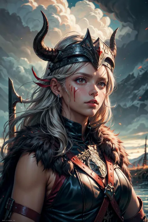 (Masterpiece:1.2), best quality, (illustration:1.2), (ultra-detailed), hyper details, (delicate detailed), (intricate details), clear line, high contrast, colorful, (Photoshop Pastel Painting), (Cinematic masterpiece), <lora:add_detail:1>, <lora:sharpen-soften:-0.25>, <lora:kittew_v0.1:0.3>,
1 girl, adult woman, dark brown eyes, gray straight hair,
icelandic, portrait, looking away, solo, (full body:0.6), detailed background, (<lora:CulturePunkBundle-000007:0.4>, vikingpunkai, norse viking theme:1.1), nordic medieval marauder, norse mythology, red war paint on face, simple muted dark red padded leather vest, helmet, viking symbolism, dark storm clouds, epic scene composition, norse atmosphere,