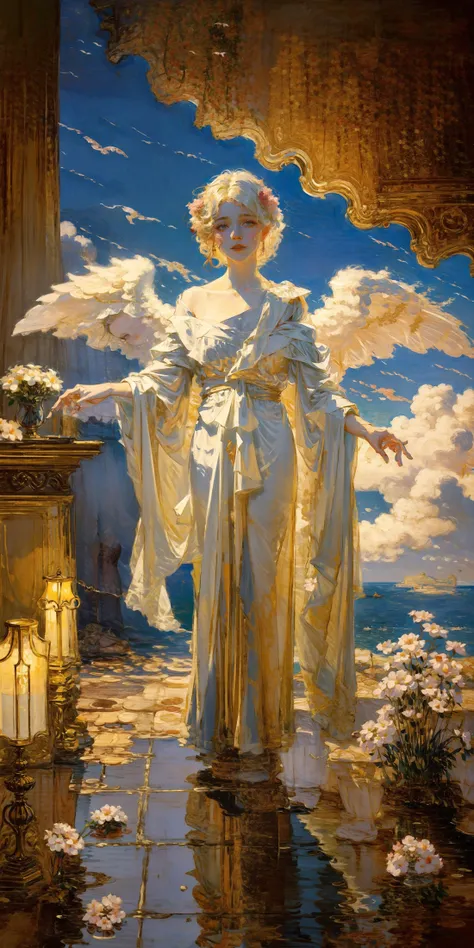 1 ,masterpiece,highest quality,high quality,cute,(__camAngles__:1),highres,by Jeremy Lipking,by Antonio J. Manzanedo,dramatic atmosphere,sharp focus,volumetric lighting,in luxury advertisement.,solid background,realistic photo,realistic,looking at viewer,film light,long eyelashes,goddess,glowing eyes,monet,white 3d background,soft focus,eclectic,depth of field,blurry,wings,altar,flowers,draped in velvet and flowers,inspired by Apelles,(clouds:1.2)(fashion photography),faded,film grain,muted colors,In the natural scenery,feet,lamp,<lora:å¢å å²è¯ç»é¢æ°å´åæå¾ç»è_v1.0:1>,<lora:Oil painting stick_v1.0:0.8>,