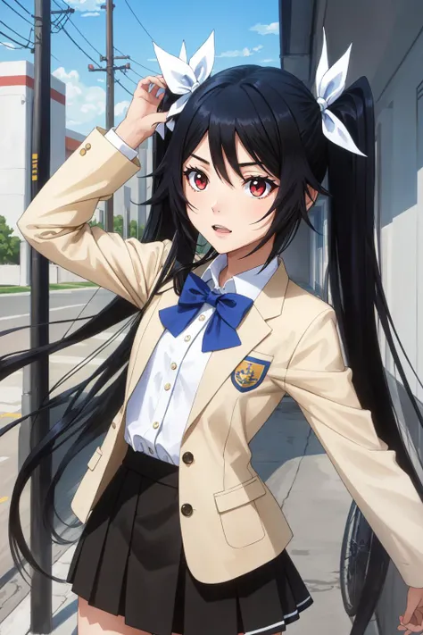 (masterpiece, best quality), intricate details,
1girl, <lora:tsube_aika_ver1.0_2:0.8> tsube_aika, long hair, black hair, red eyes, flat chest, twintails, school uniform, beige blazer, miniskirt, black skirt, high waist skirt, light blue bow,