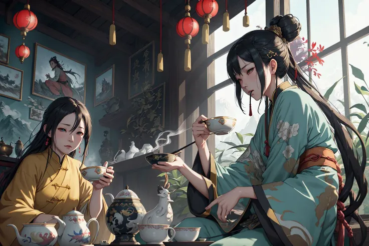 dynamic composition, motion, ultra-detailed, incredibly detailed, a lot of details, amazing fine details and brush strokes, colorful and warm palette, smooth, HD semirealistic anime CG concept art digital painting, 2.5D rendered close up portrait of a 100 year old man sitting on the floor in an asian tea shop smoking a pipe, studio ghibli, relaxing, whimsical vibes,, by a Chinese artist at ArtStation, by Huang Guangjian, Fenghua Zhong, Ruan Jia, Xin Jin and Wei Chang. Realistic artwork of a Chinese videogame, gradients, gentle an harmonic grayish colors. set in princess mononoke, spirited away, dynamic composition, beautiful, very inspirational, very stylish, with gradients, surrealistic, depth of field, mist, rich cinematic atmosphere, perfect digital art, mystical journey in strange world