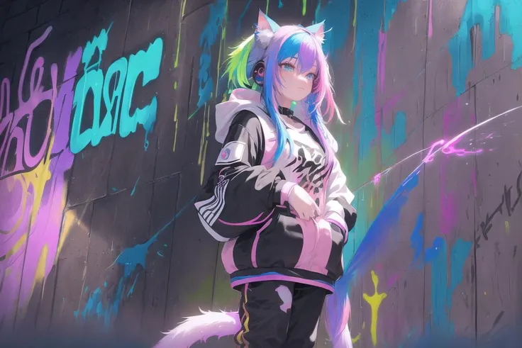 sexy, nfsw, anime art, (Masterpiece:1.2), best quality, (illustration:1.2), (ultra-detailed),Eye focus,(Masterfully crafted Glow, pink lens flare), (Cinematic background), hyper details,(delicate detailed), (intricate details), octane render, hdr, (hyperdetailed:1.15), (((colourful))),(soft light:1.2), 1girl,(lynx ears:1.3) , (lynx girl), (cat tail:1.5), beautiful girl, ultra detailed eyes, mature, plump, thick, rainbow painting drops, paint teardrops, woman made up from paint, entirely paint, splat, splash, (outside), (bioluminescent hair:1.5),(glowing eyes:1.2), ((makeup)),(Cinematic masterpiece), fierce, powerful, splashes of colour absolutely eye-catching, (Cinematic headlight), (realistic bounce lighting:1.2),((caustic)), dynamic angle, beautiful detailed glow, ambient occlusion, ambient light, raytraced reflections,(best illumination, an extremely delicate and beautiful), ((cinematic light)), (soft:2), (whimsical:2) , intricate background, vibrant, dreamscape, (painting graffiti:1.3), (glowing tail), (painted city landscape), (Urban),(realistic urban fashion), (expressive:1.2), good form, athletic , (mirrored world), (long flowing black hair:1.1), wavy hair, (colourful hair highlights),(Cyberpunk Techwear Japanese Streetwear Longline Hoodie),(Cyberpunk Streetwear Kanji Joggers), glowing headphones, beanie, (graffiti wall), unfinished graffiti, ghetto,(looking at wall:2),black hoodie, (backwall present),(holding spraycan:1.3), (colourful mist), buckles, belts, straps, a girl standing in front of a graffiti wall, cyberpunk art, (by LAM), Mika Pikazo, graffiti, <lora:urbansamuraiv3testing:0.5>, techwear jacket, black gloves, with buckle and tape, (blue and pink hair),(Dual colour hair:2),(Blue hair),