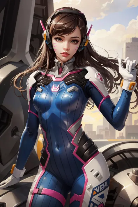 (masterpiece, best quality), intricate details,
1girl, <lora:dva:0.8> 1girl, d.va (overwatch), solo, long hair, whisker markings, bodysuit, brown hair, facial mark, gloves, breasts, brown eyes, pilot suit, cowboy shot, headphones, white gloves, medium breasts, swept bangs, skin tight, animal print, bangs, bunny print, ribbed bodysuit, facepaint, pink lips,