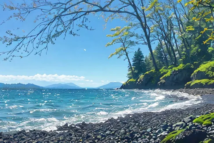 a bay with beautiful sparkling water and gentle waves and a dark rocky shore with a path into woodland on a brilliant spring day in the pacific northwest