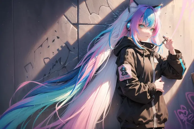 anime art, (Masterpiece:1.2), best quality, (illustration:1.2), (ultra-detailed),Eye focus,(Masterfully crafted Glow, pink lens flare), (Cinematic background), hyper details,(delicate detailed), (intricate details), octane render, hdr, (hyperdetailed:1.15), (((colourful))),(soft light:1.2), 1girl,(lynx ears:1.3) , (lynx girl), (cat tail:1.5), beautiful girl, ultra detailed eyes, mature, plump, thick, rainbow painting drops, paint teardrops, woman made up from paint, entirely paint, splat, splash, (outside), (bioluminescent hair:1.5),(glowing eyes:1.2), ((makeup)),(Cinematic masterpiece), fierce, powerful, splashes of colour absolutely eye-catching, (Cinematic headlight), (realistic bounce lighting:1.2),((caustic)), dynamic angle, beautiful detailed glow, ambient occlusion, ambient light, raytraced reflections,(best illumination, an extremely delicate and beautiful), ((cinematic light)), (soft:2), (whimsical:2) , intricate background, vibrant, dreamscape, (painting graffiti:1.3), (glowing tail), (painted city landscape), (Urban),(realistic urban fashion), (expressive:1.2), good form, athletic , (mirrored world), (long flowing black hair:1.1), wavy hair, (colourful hair highlights),(Cyberpunk Techwear Japanese Streetwear Longline Hoodie),(Cyberpunk Streetwear Kanji Joggers), glowing headphones, beanie, (graffiti wall), unfinished graffiti, ghetto,(looking at wall:2),black hoodie, (backwall present),(holding spraycan:1.3), (colourful mist), buckles, belts, straps, a girl standing in front of a graffiti wall, cyberpunk art, (by LAM), Mika Pikazo, graffiti, <lora:urbansamuraiv3testing:0.5>, techwear jacket, black gloves, with buckle and tape, (blue and pink hair),(Dual colour hair:2),(Blue hair),