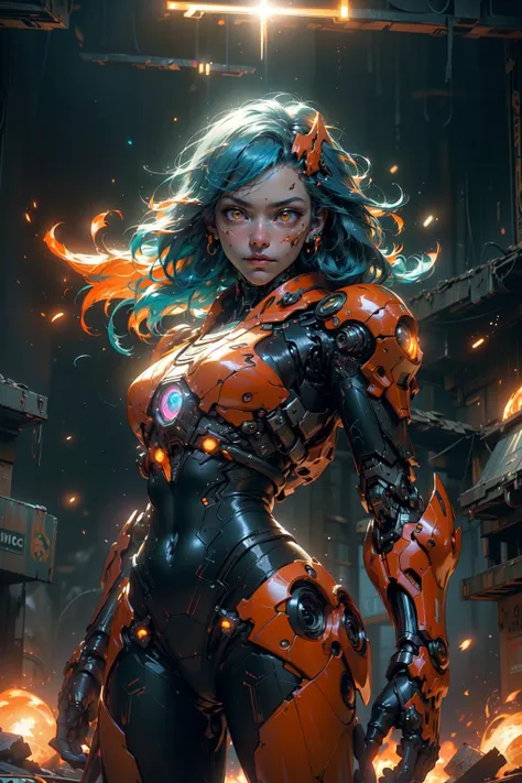 (masterpiece,best quality,ultra-detailed,very detailed illustrations,extremely detailed,intricate details,highres,(masterfully crafted glow:1.4),(lens flare:1.3),super complex details,extremely detailed 8k cg wallpaper,cowboy shot, caustics,reflection,ray tracing,demontheme,nebula,dark aura,cyber effect,alone,mecha musume,mechanical parts, robot joints,single mechanical arm, headgear, mechanical halo,star halo,intricate mechanical bodysuit, mecha corset, full armor, (very long translucent hair),(bioluminescent blue hair:1.2),(hair glow:1.4), hair between eyes,(((colourful))),((makeup)),(indoors),(carbon fibre),(cool action pose:1.3),(edgy:1.5), (luminous blue hair:1.1),(orange eyes), (bright orange eyes:1.4),(glowing eyes:1.4),(eye trail:1.1), intense expression,(dynamic action), ancient japanese architecture,pond, starry sky,skyline, <lora:AMechaSSS[color_theme,mecha musume,(sexy form fitting cyber suit:1.4),(sexy futuristic ninja:1.2), mechanical parts,robot joints,headgear]:0.8>, the most beautiful form of chaos, elegant, a brutalist designed, (scary:1.3),(horror:1.2),(suspense:1.4),(dramatic),(intense),(visual spectacle:1.3),latex,torn down space station,(inside overgrown spaceship),(wear and tear),(dystiopian:1.1),vivid colours,(horror scene:1.1),(dynamic:1.2),(action scene),(powerful), romanticism,(long flowing hair),(steam), by james jean, roby dwi antono, ross tran, francis bacon, michal mraz, adrian ghenie,(cybernetic ninja:1.3),(orange cyber flame katana:1.3),(glitch),(chromatic aberration), petra cortright, gerhard richter, takato yamamoto, ashley wood, atmospheric, ecstasy of musical notes,(forced perspective), streaming musical notes visible, splashes of colour absolutely eye-catching,(lens flare:1.2), (Cinematic headlight), ((caustic)), dynamic angle, beautiful detailed glow, ambient occlusion, ambient light, raytraced reflections,(best illumination, an extremely delicate and beautiful), ((cinematic light)),<lora:nijiarmor_anime_v2:0.4>,(demontheme,nebula,dark aura,cyber effect:1.3),(glowing suit),<lora:NijiExpressV2:0.2>, fire, flames, (floating embers:1.3), sci-fi,(cinematic background:2),