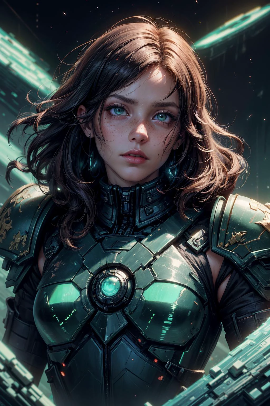 (Masterpiece:1.2), best quality, (illustration:1.2), (ultra-detailed), hyper details, (delicate detailed), (intricate details), clear line, high contrast, colorful, (Photoshop Pastel Painting), (Cinematic masterpiece), <lora:add_detail:1>, <lora:sharpen-soften:-0.25>, <lora:kittew_v0.1:0.3>,
1 girl, adult (elven:0.7) woman, freckles, turquoise eyes, gray beach waves hair,
portrait, solo, half shot, looking up, detailed background, detailed face, (<lora:HackedTech:0.6>, picelated, hackedtech theme:1.1), warhammer 40k space marine, face, wearing purple thick power-armor, heavy shoulder-plates, bloodied armor, melter weapon, energy shield, blurred motion, devastator marine, salamanders chapter, floating particles, descending spaceship in background, epic atmosphere,