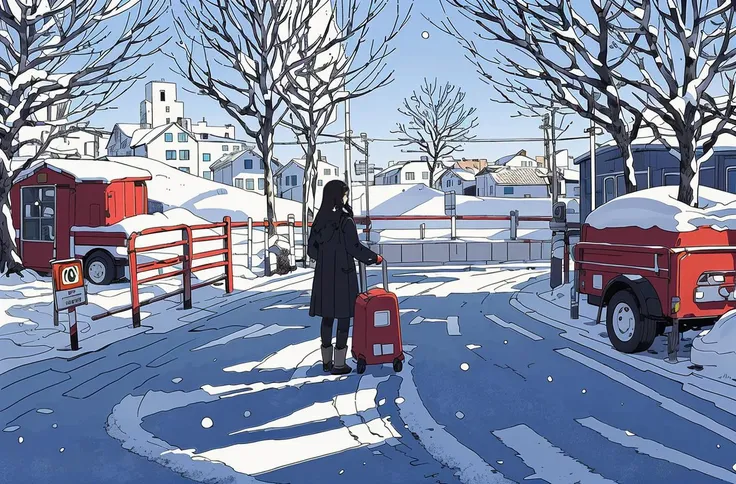 snow, outdoors, street, 1girl, road, building, tree, traditional media, black hair, scenery, long hair, solo, real world location, (illustration:1.0), masterpiece, best quality, <lora:line illustrationa_20230901192549:0.78>