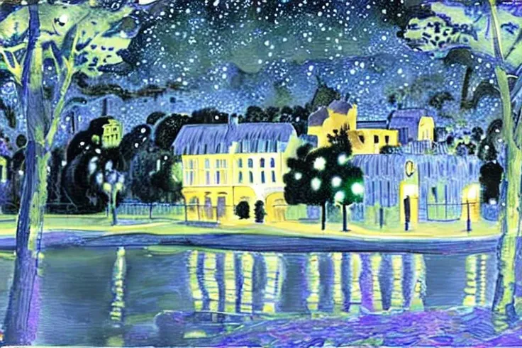 A starry night in Van Gogh's style, followed by a connected painting in Klimt's art, where Klimt's kiss is bestowed in that continuation. Decorative elements in the sky should be in Picasso's style, and two lovers, inspired by Helmut Newton's gaze, engage in a passionate embrace in the image,Buildings in the style of Klimt - Sky in the style of Van Gogh - Transparent and very high-quality with crystal-clear details.