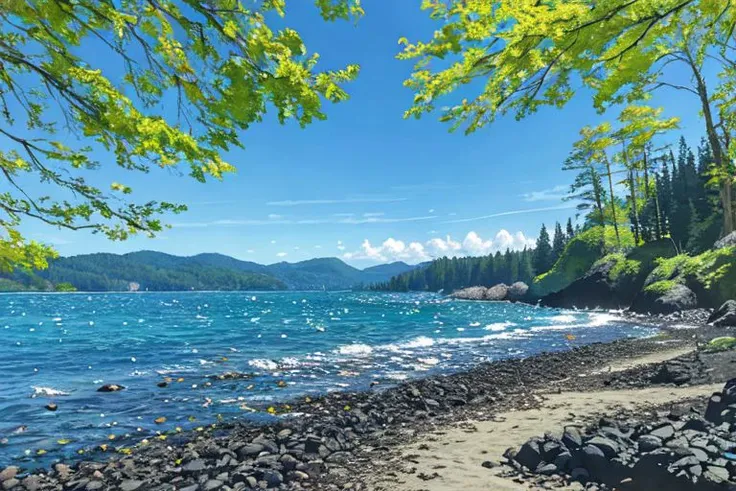 a bay with beautiful sparkling water and gentle waves and a dark rocky shore with a path into woodland on a brilliant spring day in the pacific northwest